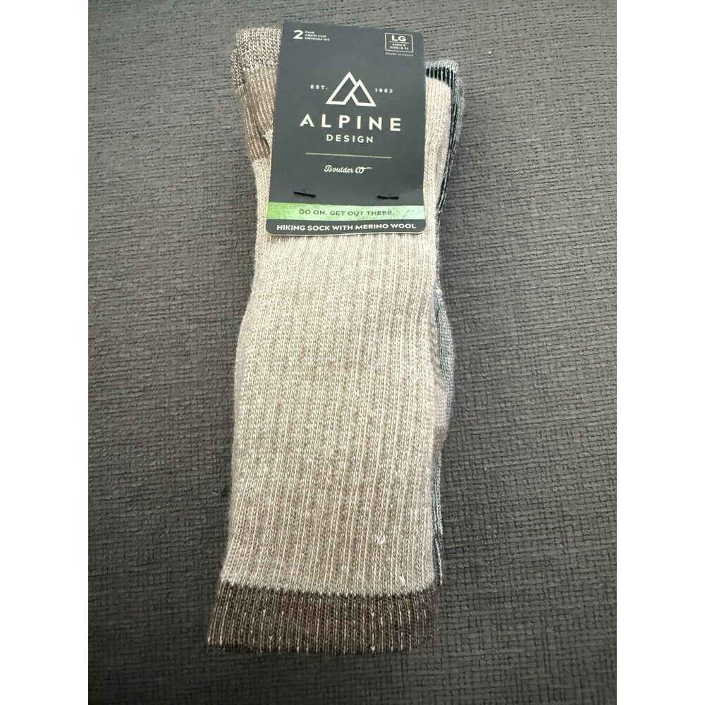 Alpine Design Merino Wool Hiking Socks 2 Pair Crew Large Brown NWT Free Shipping